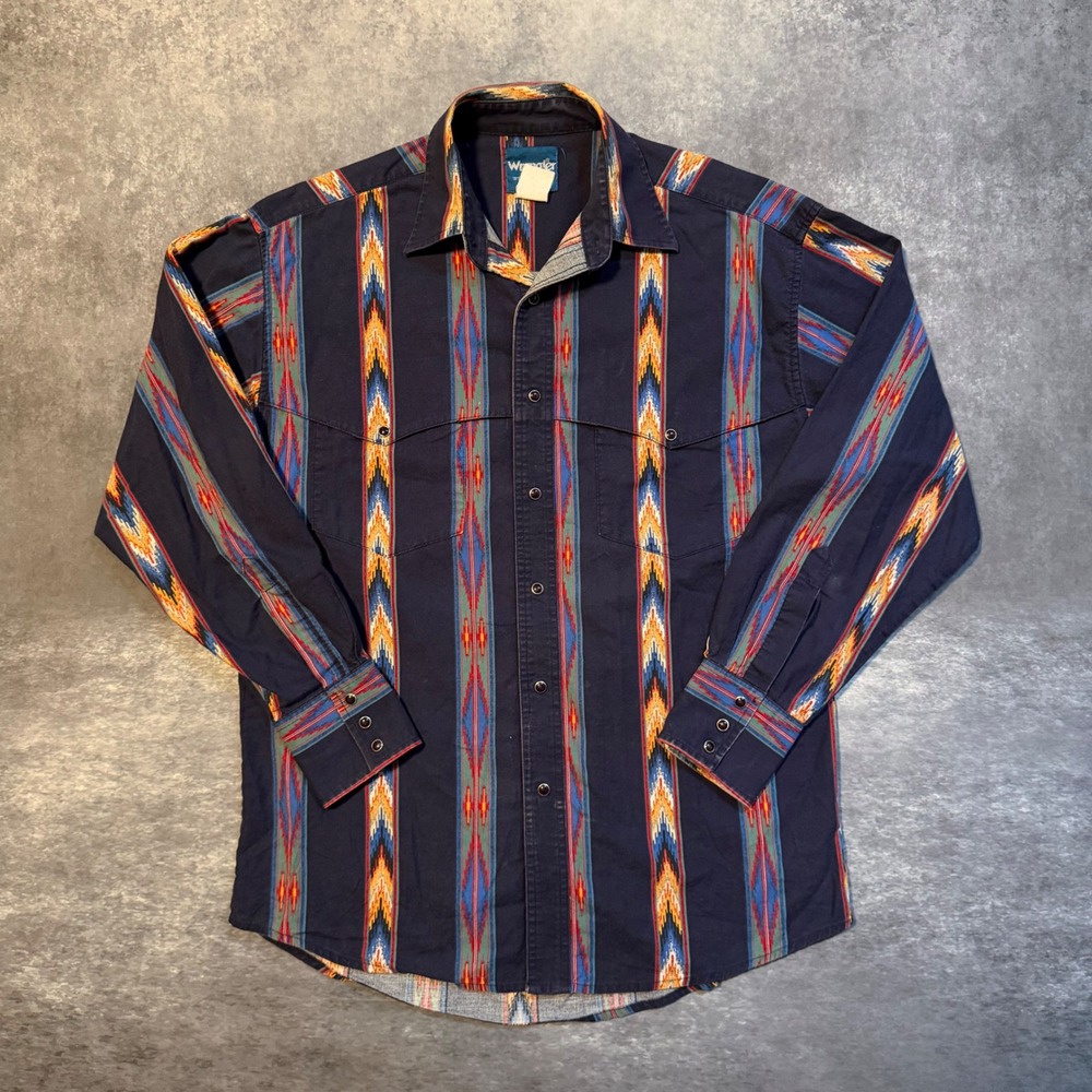 VTG Wrangler Western Shirt Mens Large Navy Geometric Stripe Aztec Button Up 90s